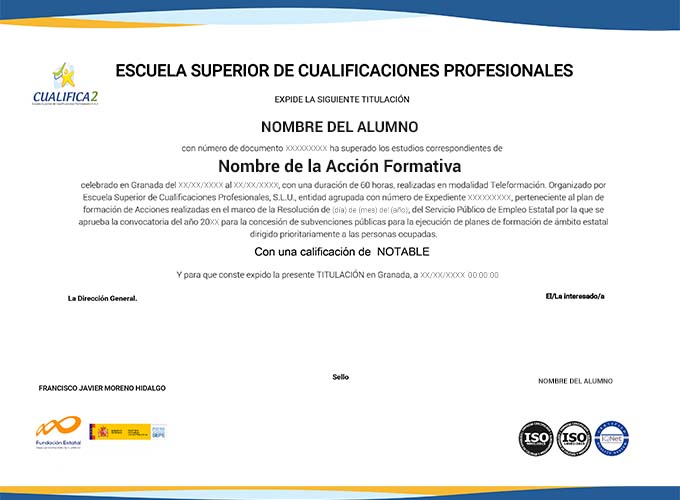Certificado expedido avalado por Ministerio de Trabajo y Economía Social, además del Servicio de Empleo Estatal (SEPE)